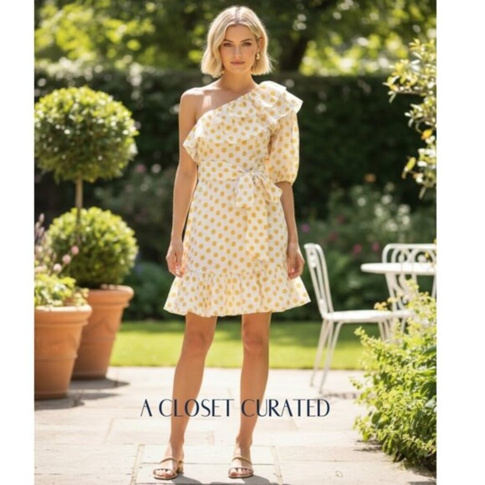 Lisa Marie Fernandez Arden One Shoulder Linen Mini Dress Large Yellow Polka Dot